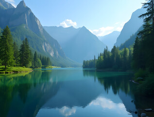 Fototapeta premium Serene Lake Surrounded by Lush Greenery and Majestic Mountains Beneath a Clear Blue Sky, a Perfect Escape for Nature Lovers and Adventurers