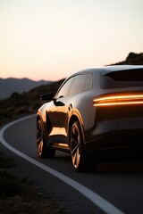Sleek electric vehicle curves along winding road, illuminated by