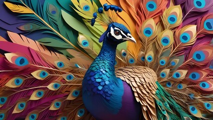 Fototapeta premium Vibrant Multicolored Paper Collage Peacock on Solid Background