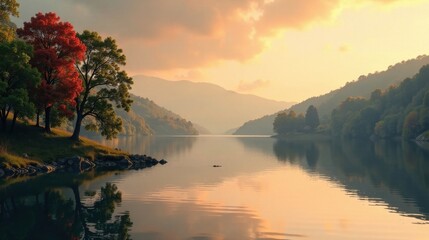 Serene Sunset Over a Tranquil Lake, Mountain Reflections in Still Waters, Autumnal Hues on the Shoreline