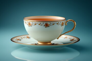 Elegant porcelain teacup and saucer with floral design against a soft blue background