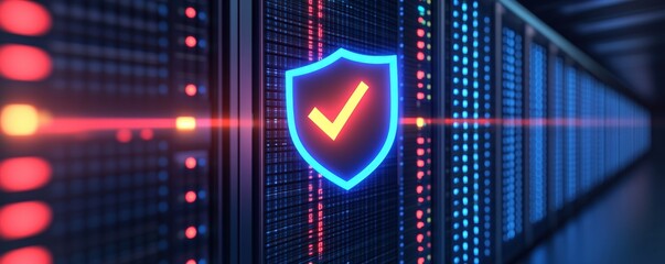 A close-up of a shield icon with a glowing checkmark over a futuristic data center, symbolizing cybersecurity, protection, and system reliability. Ideal for tech and security concepts