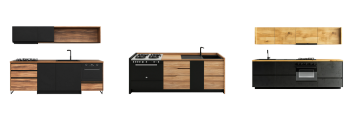 A Set of Contemporary Sleek Black and Wooden Kitchen Cabinet Renders Featuring Integrated Stove and Sink, Blending Modern Utility with Timeless Design Isolated on transparent Background