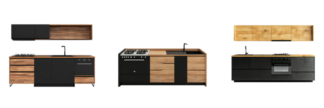 A Set of Contemporary Sleek Black and Wooden Kitchen Cabinet Renders Featuring Integrated Stove and Sink, Blending Modern Utility with Timeless Design Isolated on transparent Background