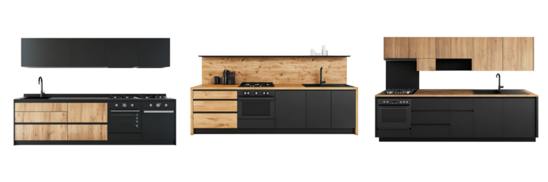 A Set of Refined Sleek Black and Wooden Kitchen Cabinet Renderings Incorporating Built-in Stove and Sink, Exemplifying Contemporary Style and Functional Artistry Isolated on transparent Background