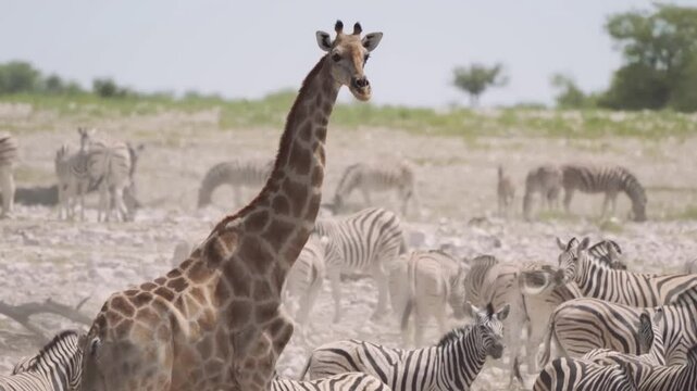 Majestic giraffe and zebra herds grazing in serene african savanna landscape