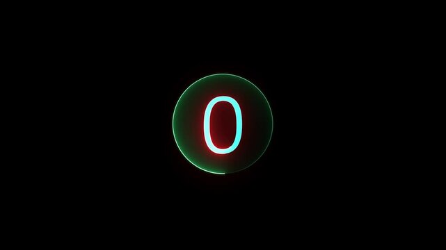 Neon number 0 animation, neon numbers. Dark background. A mask  circle with a red neon icon on a black background and the text 0 in the middle of it.
