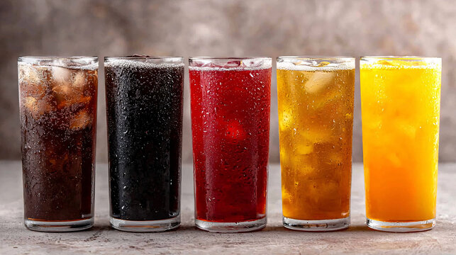 Assorted Drinks in Clear Glasses with Ice Cubes Refreshing Beverages Variety of Flavors Array