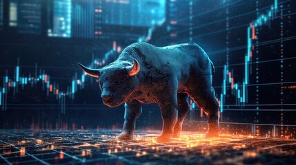Bull Market, Digital Bull Charging Through Stock Market Charts