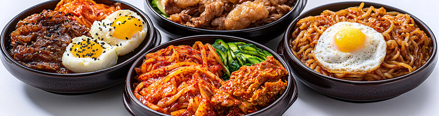 Fototapeta premium Bibimbap Bowls with Kimchi Fried Egg and Noodles Authentic Korean Dish Meal Preparation Variety