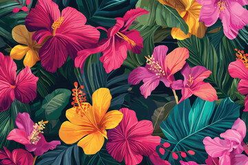 Seamless floral pattern with vibrant tropical flowers background, Flat style vector illustration