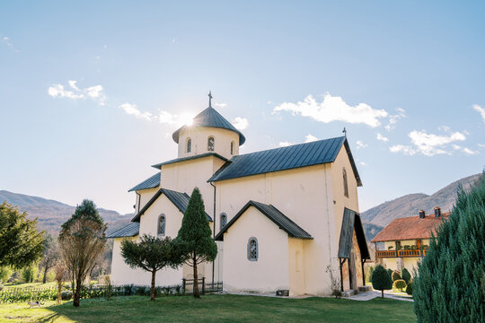 Ancient monastery of Moraca in the river valley at the foot of the mountains. Montenegro