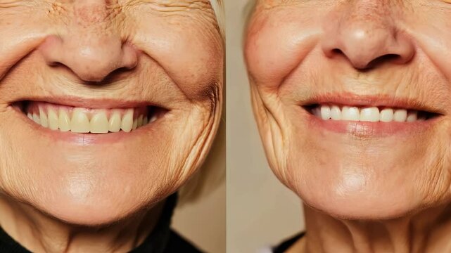 Elderly woman before and after teeth whitening. Left side shows yellow teeth, right side reveals bright white teeth. Smiling and displaying transformation results. Close-up comparison.
