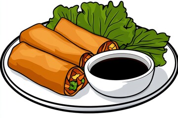 a 2D cartoon illustration of a plate of spring rolls with dipping sauce, crispy and fresh, white background