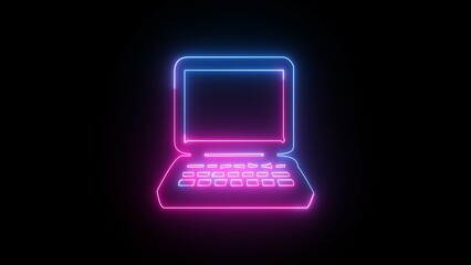 Glowing blue and pink neon line Laptop icon isolated on black background.