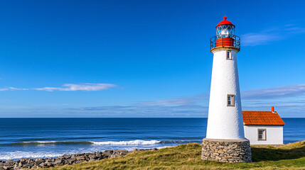 Obraz premium Coastal Sentinel Beacon Light Maritime Landmark Guiding Seafarers Safely Across Ocean Waterscapes