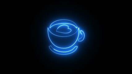 Glowing neon line tea cup icon animation. Blue neon light with heart shape drinking tea or coffee cup icon.