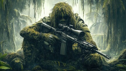 Camouflaged Sniper Waiting In The Tropical Rainforest