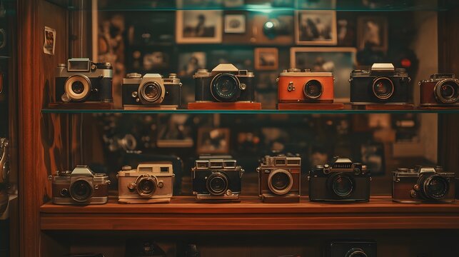 Vintage Camera Collection: An exquisite array of vintage cameras, carefully arranged within a display cabinet, capturing the history and craftsmanship of photography