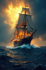 Obraz premium Majestic ship, stormy sea, golden light, impressionistic style, ocean, impressionism, sails