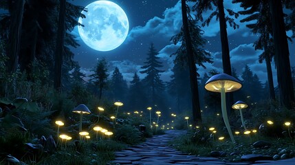 Enchanted Forest Path: Glowing Mushrooms Under a Midnight Moon AI Generated