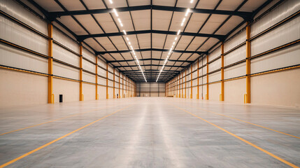 Empty Industrial Warehouse Interior with High Ceilings and Yellow Striped Floor Perspective View