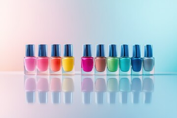 Fototapeta premium Colorful Nail Polish Bottles in a Row on Reflective Surface with Soft Gradients in Background