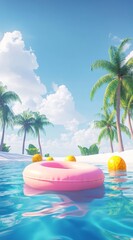 Obraz premium Colorful Floating Rings on a Sunny Tropical Beach With Palm Trees and Blue Water During a Bright Daytime