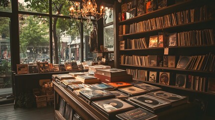 Vinyl Haven: A cozy record store, filled with shelves and tables overflowing with vintage vinyl records, inviting exploration and discovery, offering a nostalgic embrace.