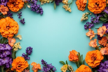 Vibrant Floral Frame on Teal Background with Colorful Blossoms and Lush Greenery