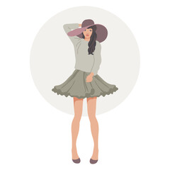 Beautiful young woman in hat and skirt. Flat style illustration.