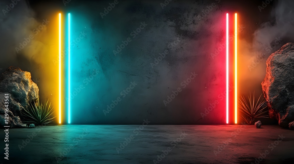 Poster mesmerizing abstract landscape with flowing neon synthwave grids and a retrofuturistic aesthetic cre