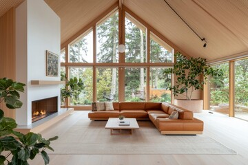 Modern living room with large windows, forest view, fireplace, and plants