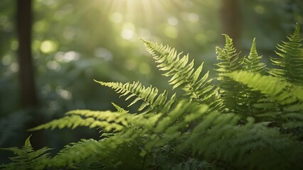 Sunlight Filters Through Lush Ferns in a Tranquil Forest During Early Morning Hours