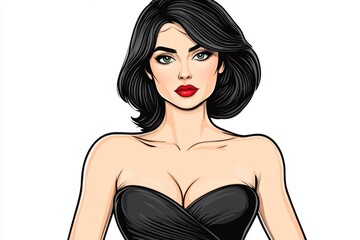 Fototapeta premium a 2D cartoon illustration of a woman wearing a formal evening gown, elegant and glamorous, white background