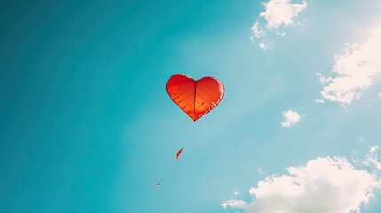 Fototapeta premium Heart-shaped kite flying in a bright blue sky