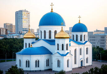 Orthodox Church Domes and City Skyline with Golden Accents Architecture and Urban Background
