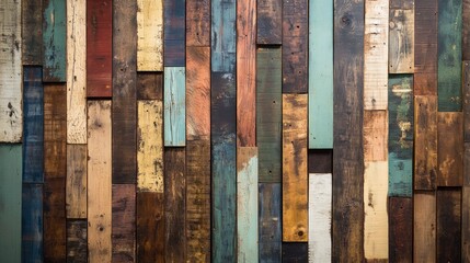 A wall made of multi-colored wooden planks, each with visible age and character marks, showcasing the beauty in natural wood textures and colors.