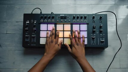 Music Producer's Hands Playing a MIDI Pad Controller with Colorful Lights in a Home Studio Setting