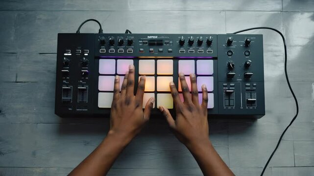 Music Producer's Hands Playing a MIDI Pad Controller with Colorful Lights in a Home Studio Setting