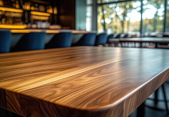 Close-up View of Wooden Table Surface in Modern Restaurant with Natural Light Filtering Through Large Windows and Warm Interior Design Elements