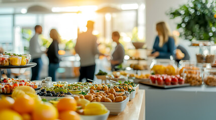 A diverse and appetizing buffet table with fresh fruits, nuts, salads, and snacks at a catering event or conference.