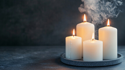 Serene Moments Four Candles Lit and Smoking on a Dark Gray Stone Round Tray Still Life Art
