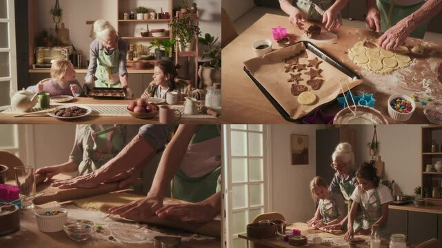 Split screen of granny rolling out dough with grandkids, they putting dough circles on parchment paper, senior lady showing baking tray with cookies to excited siblings waiting for treat at table
