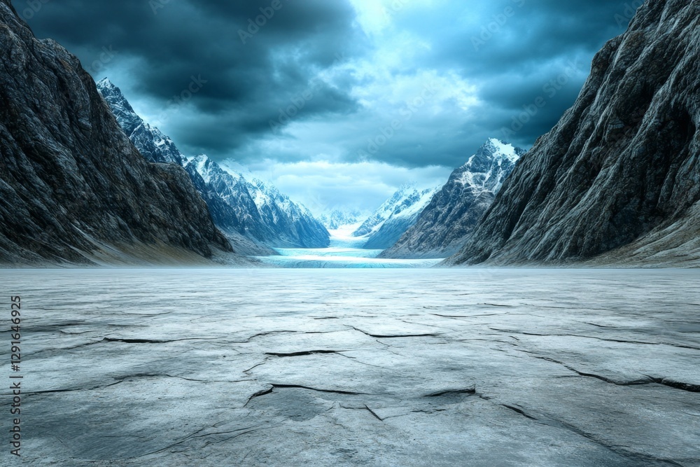 Poster 3D rendering depicting dark blue mountains in the distance, a flat ground, and a white background with a sense of space, created using Unreal Engine and movie lighting techniques to achieve