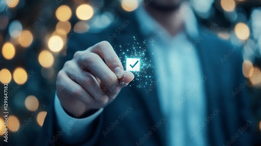 Fototapete digital interface showcasing businessman checking virtual checkbox, representing modern survey techn