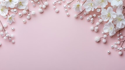 Floral arrangement with white blossoms and pearls on soft pink background for decoration or celebration