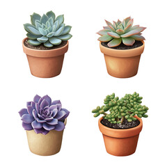 4 succulents in pots transparent background PNG 