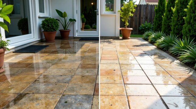 Transforming Outdoor Patio Before and After Cleaning of Stone Tiles, Revealing Enhanced Shine and Vibrancy Through Thorough Cleaning