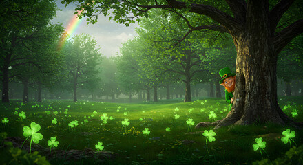 A magical forest with glowing shamrocks, a rainbow, and a leprechaun hiding behind a tree, St. Patrick's Day